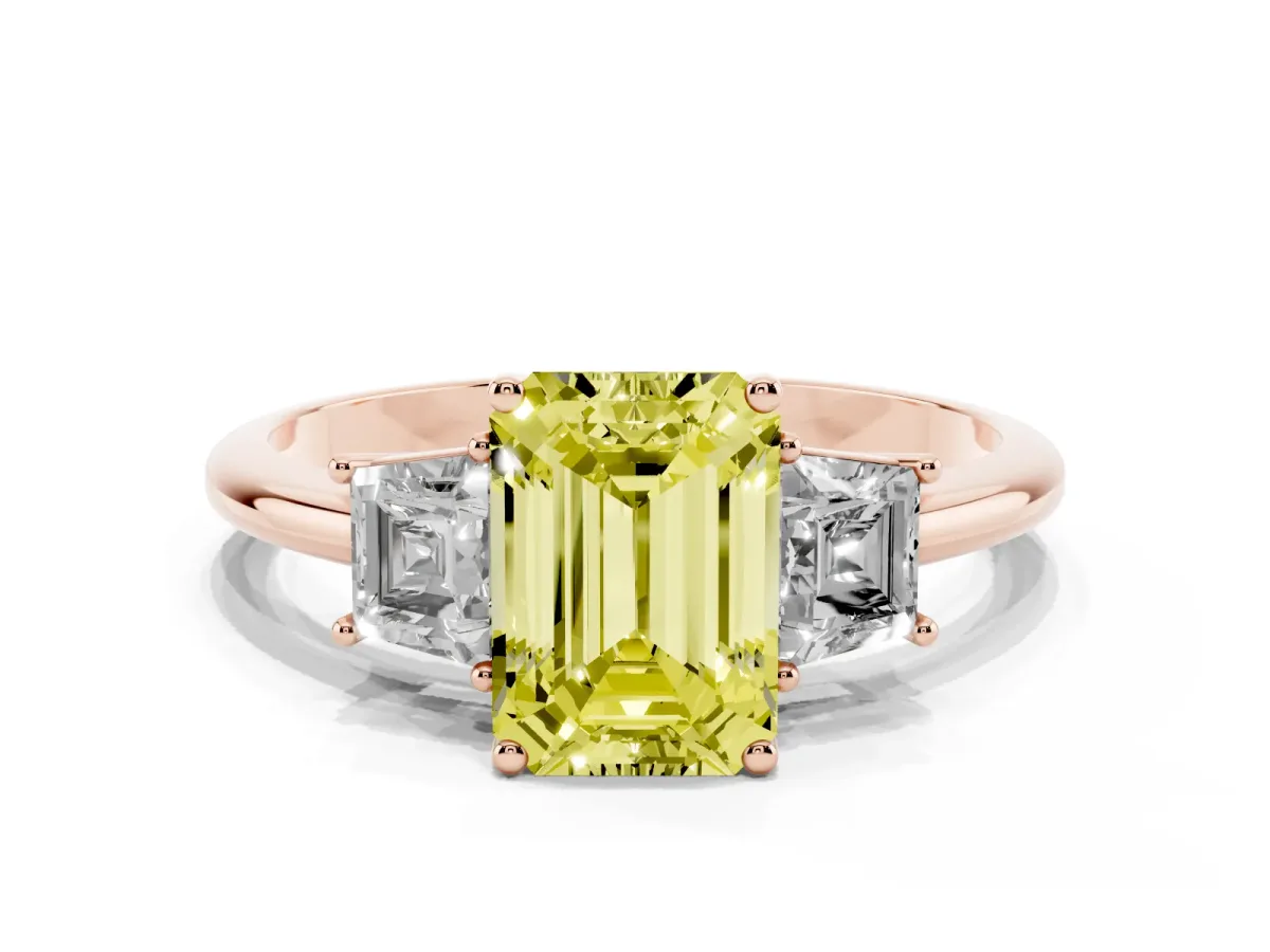 Fancy Yellow Emerald Cut Diamond Three-Stone Ring with Trapezoid Side Stones and Prong Setting Rose gold