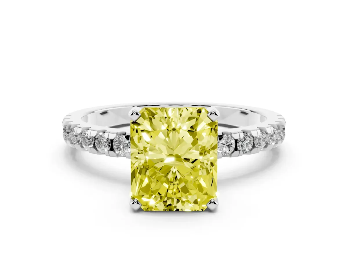 Fancy Yellow Radiant Cut Diamond Solitaire Ring with Round Pavé Band and Four-Prong Setting Silver