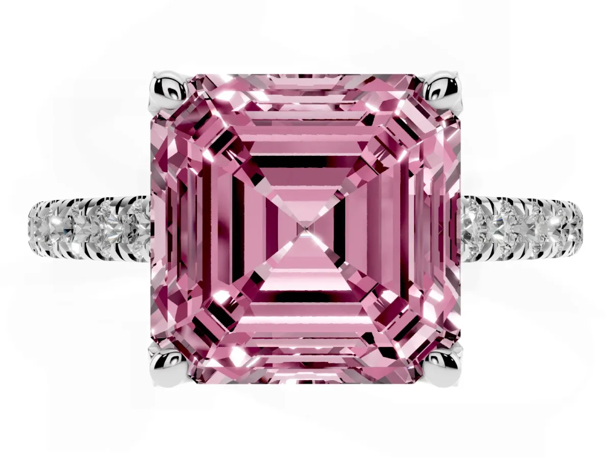 Fancy Pink Asscher Cut Brilliant Diamond Solitaire with Pavé Band and Four-Prong Setting Silver