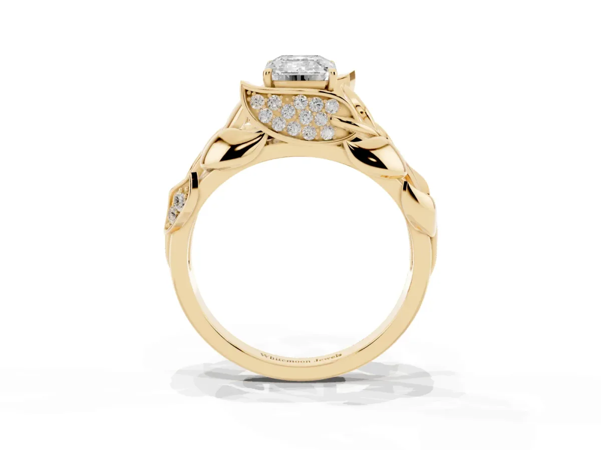Emerald Cut Diamond Leaf-Inspired Engagement Ring with Round Accents and Prong Setting Yellow gold