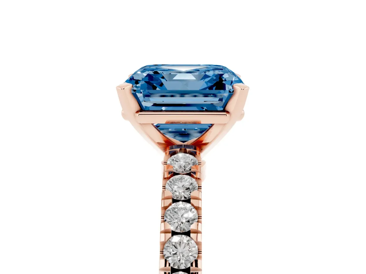 Fancy Blue Asscher Cut Solitaire Diamond with Pavé Band and Four-Prong Setting Rose gold