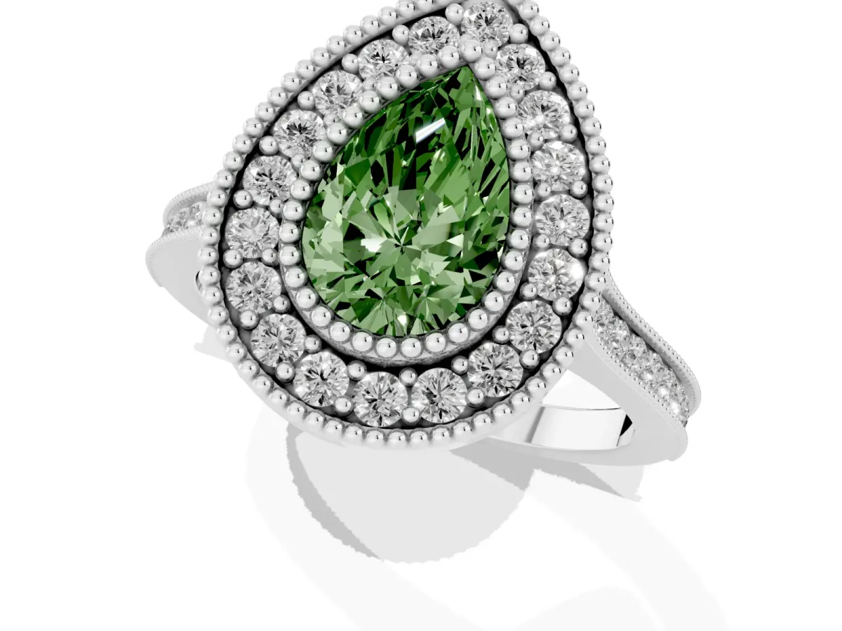 Fancy Green Pear Cut Diamond Halo Ring with Milgrain Frame and Pavé Band Silver