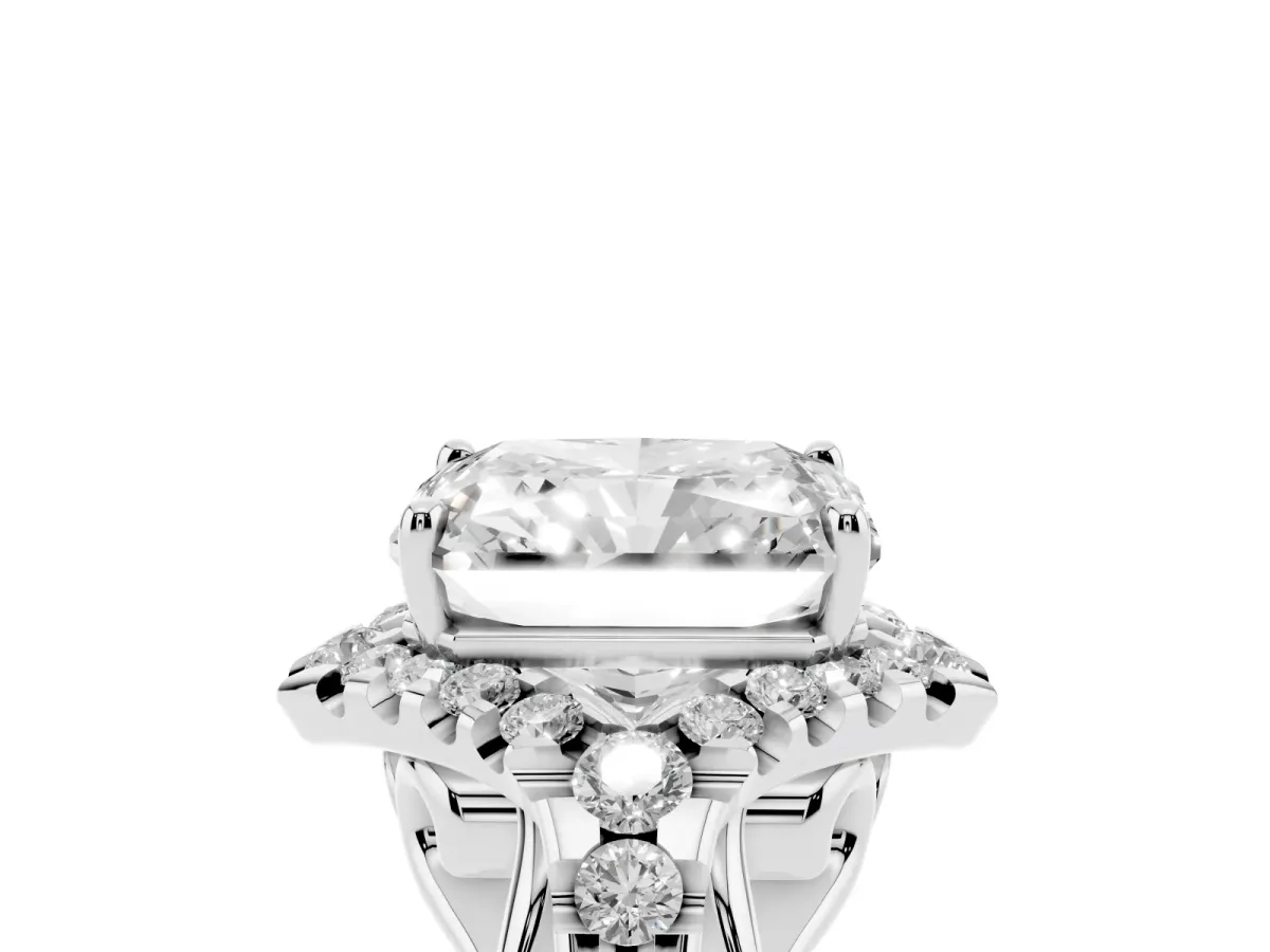 Radiant Cut Diamond Solitaire Ring with Hidden Halo and Pavé Band Silver