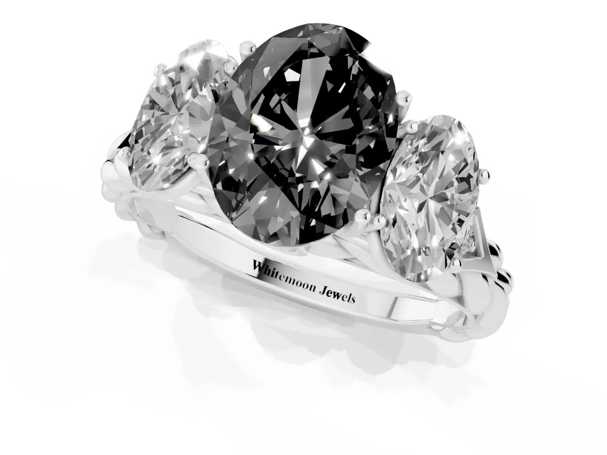 Fancy Black Three-Stone Oval Cut Diamond Braided Band Ring with Four-Prong Setting Silver