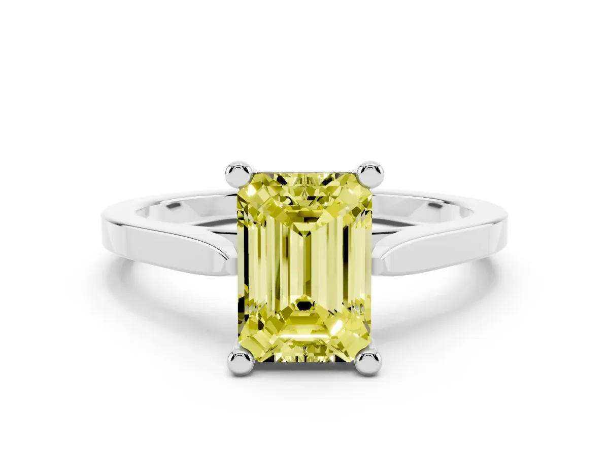 Fancy Yellow Emerald Cut Solitaire Diamond Ring with Four-Prong Setting and Tapered Band Silver
