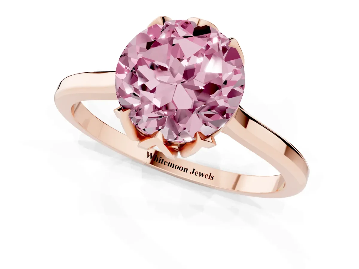Fancy Pink Round Cut Diamond Solitaire Ring with Flower Prong Setting and Classic Band Rose gold