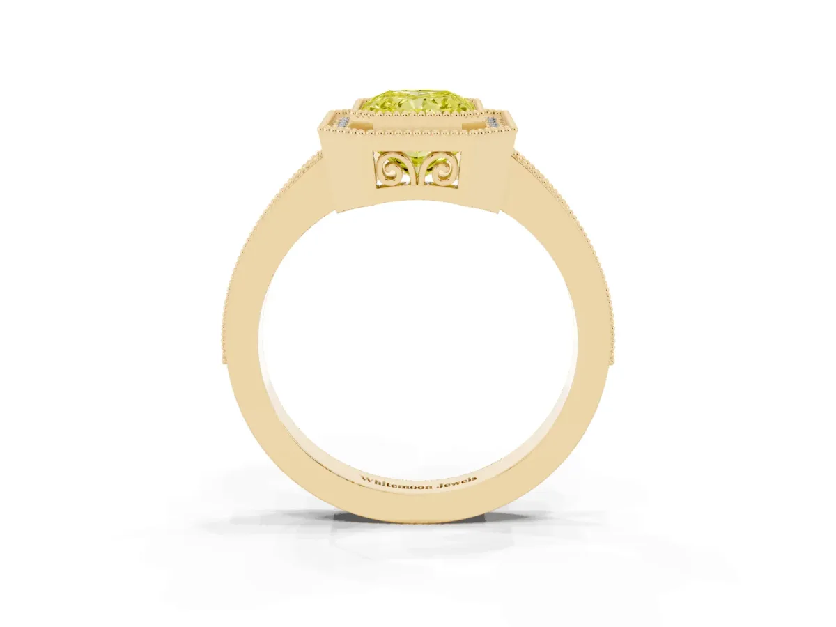 Fancy Yellow Radiant Cut Cut Halo Diamond Ring with Pavé Band and Milgrain Prong Setting Yellow gold