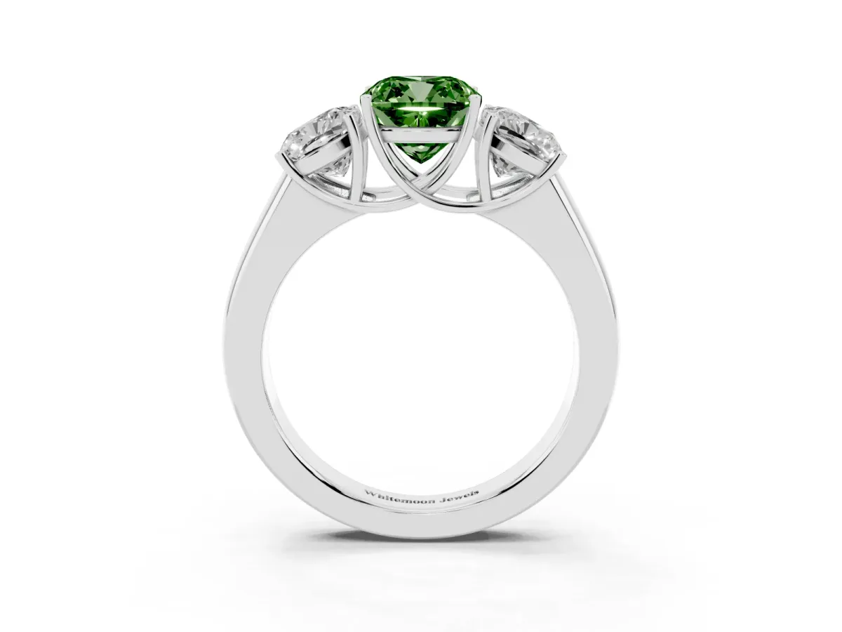 Fancy Green Three-Stone Cushion Cut Cut Diamond Ring with Prong Setting and Classic Band Silver