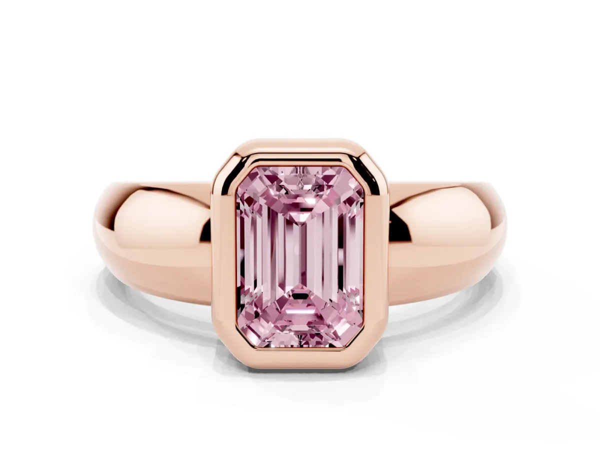 Fancy Pink Bezel Set Emerald Cut Solitaire Ring with Wide Band Rose gold
