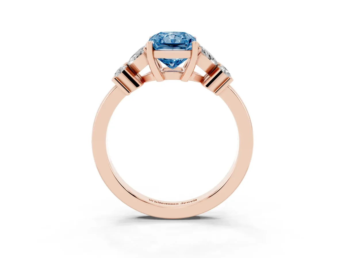 Fancy Blue Radiant Cut Diamond Floral Cluster Ring with Solitaire Band and Prong Setting Rose gold