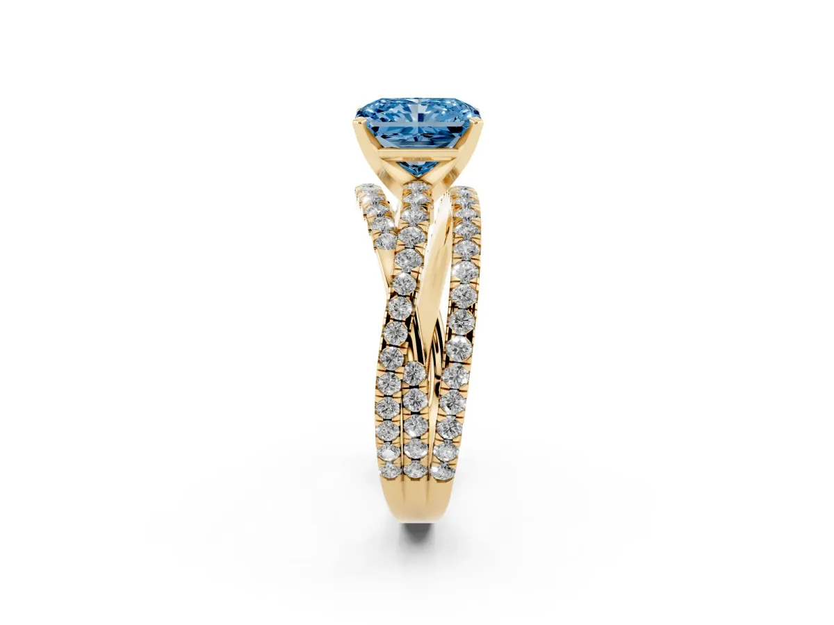 Fancy Blue Radiant Cut Solitaire Twist Band with Pavé Setting and Four-Prong Setting Yellow gold
