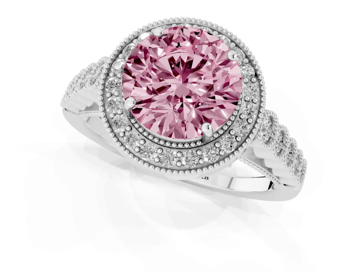 Fancy Pink Round Cut Halo Milgrain Solitaire with Bezel Set Side Stones and Pave Band Silver