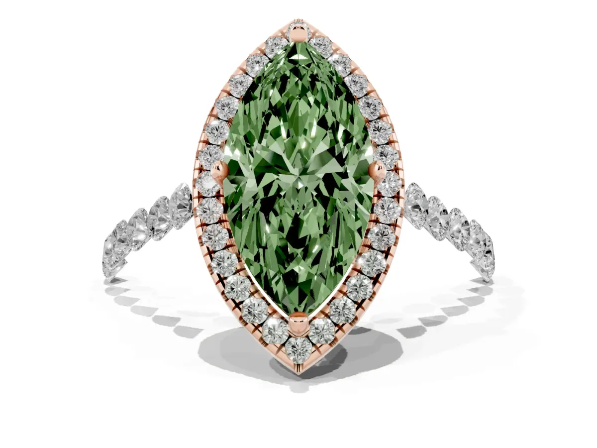 Fancy Green Marquise Cut Halo Pavé Diamond Engagement Ring with Four-Prong Setting Rose gold
