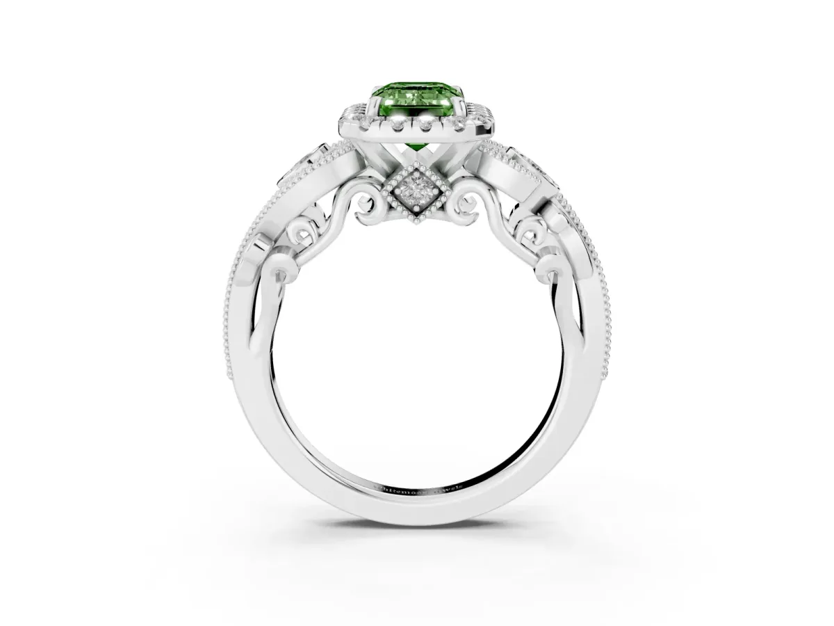 Fancy Green Emerald Cut Halo Diamond Ring with Milgrain and Bezel Accents on a Split Shank Band White gold