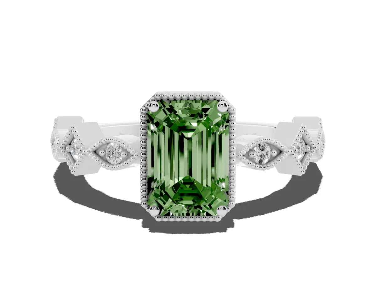 Fancy Green Emerald Cut Milgrain Marquise Diamond Twist Band Ring Silver