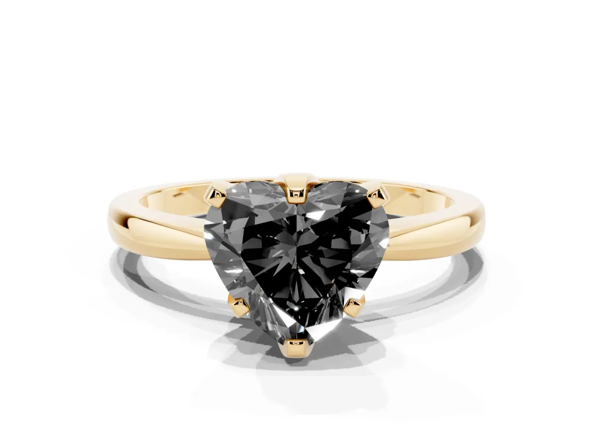 Fancy Black Heart Cut Solitaire Engagement Ring with Six-Prong Setting and Tapered Band Yellow gold