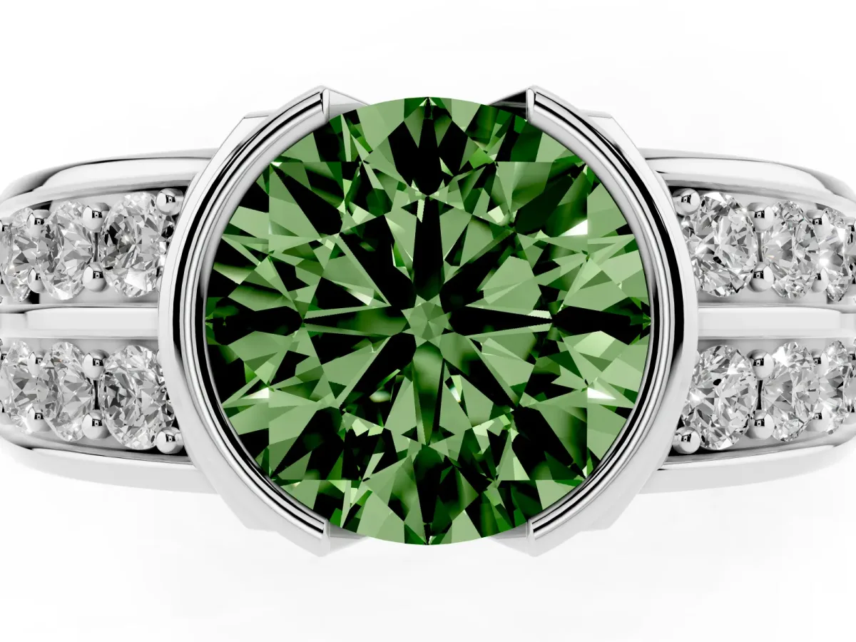 Fancy Green Round Cut Brilliant Diamond Channel Set Wide Band Ring with Bezel Setting Platinum