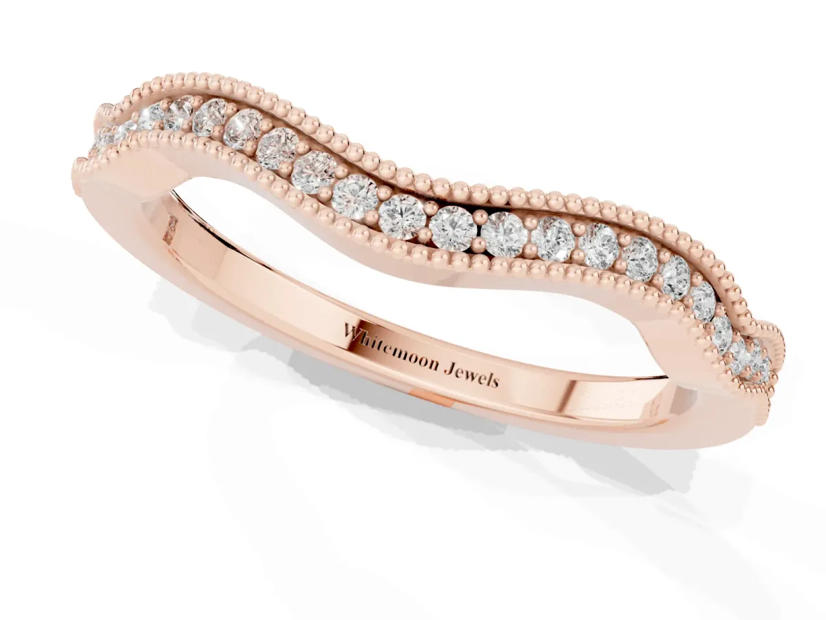 Pavé Round Diamond Curved Milgrain Band Rose gold