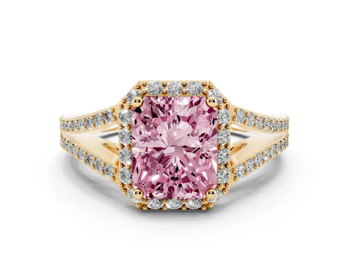 Fancy Pink Radiant Cut Halo Split Shank Pave Diamond Ring with Four-Prong Setting Yellow gold