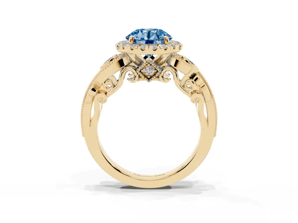 Fancy Blue Round Cut Halo Diamond Ring with Milgrain and Bezel Accents on a Split Shank Band Yellow gold