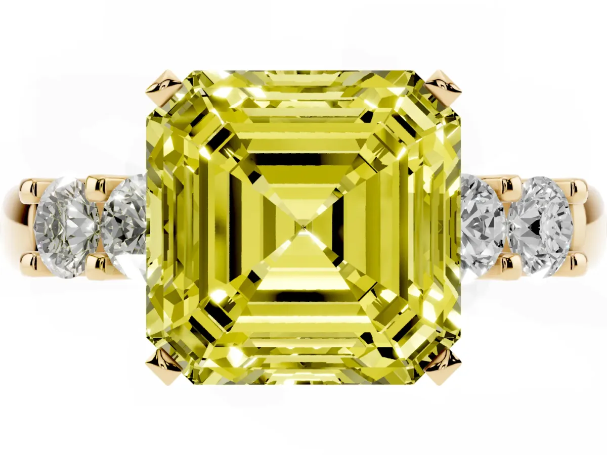 Fancy Yellow Asscher Cut Brilliant Cut Diamond Five-Stone Prong Set Engagement Ring with Channel Band Yellow gold
