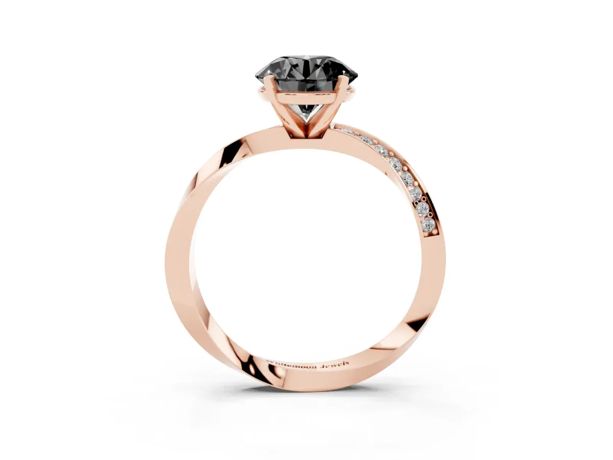 Fancy Black Round Cut Diamond Engagement Ring with Side Stone Accents and Four-Prong Setting Rose gold