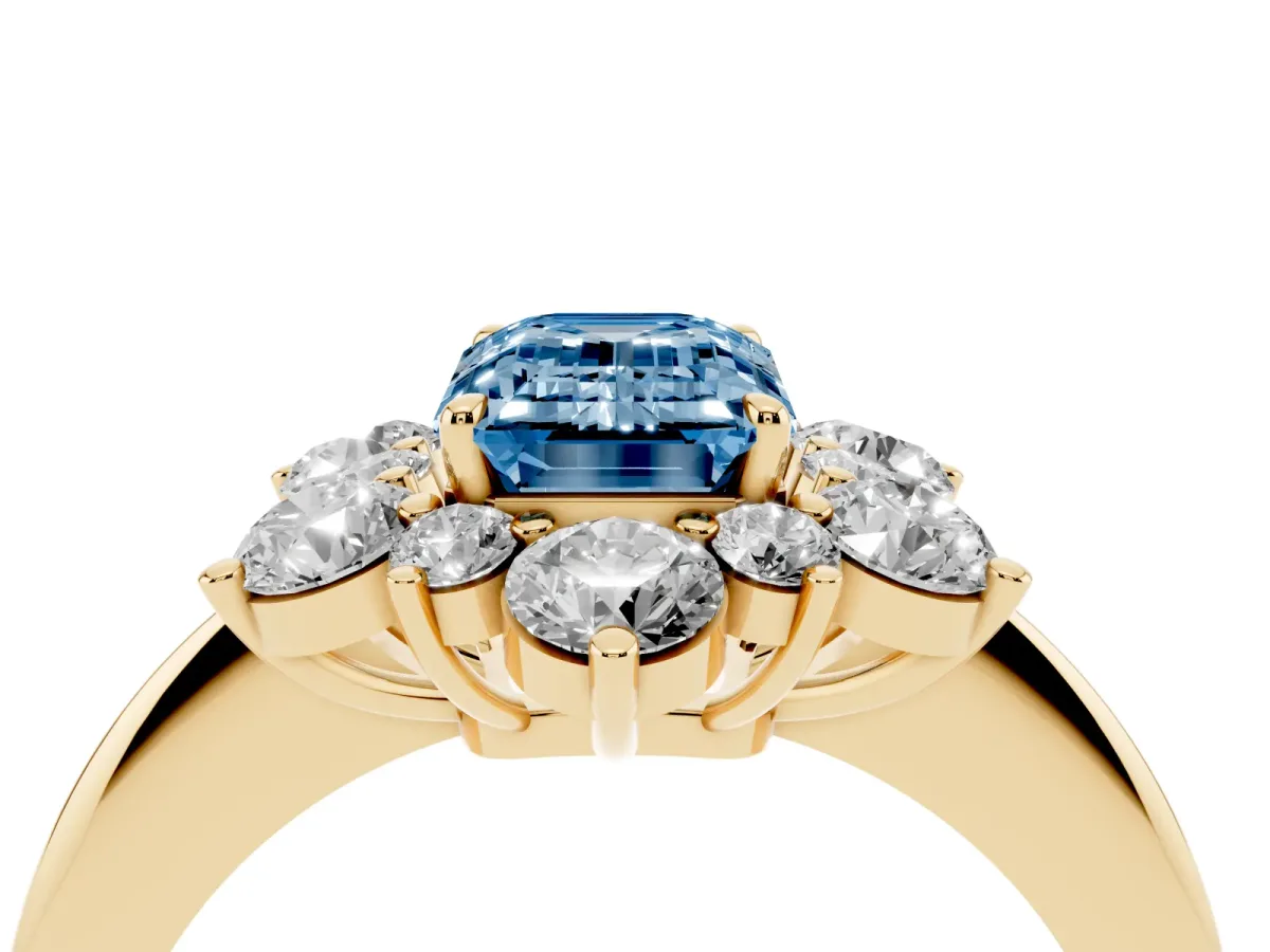 Fancy Blue Emerald Cut Diamond Cluster Halo Ring with Solitaire Band and Four-Prong Setting Yellow gold