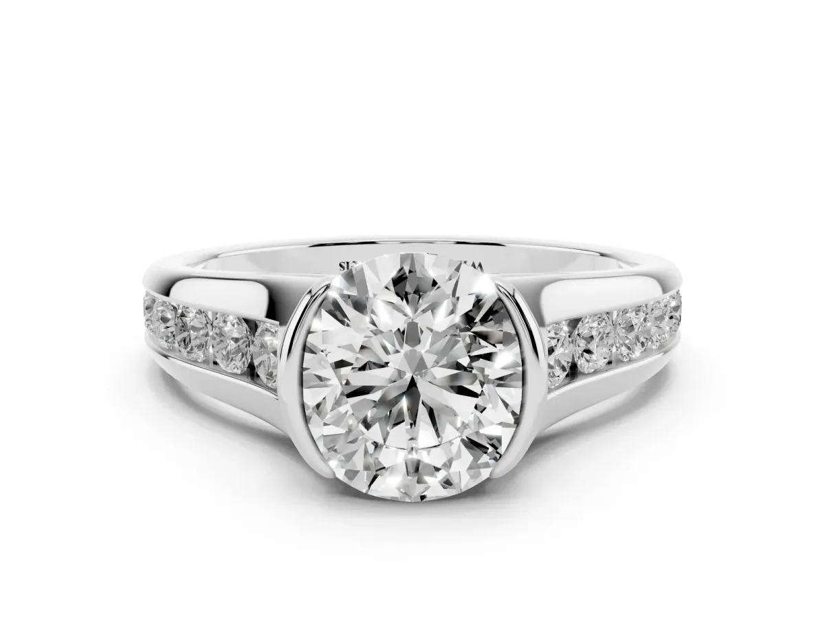 Round Cut Solitaire Bezel-Set Diamond Ring with Channel-Set Band Platinum