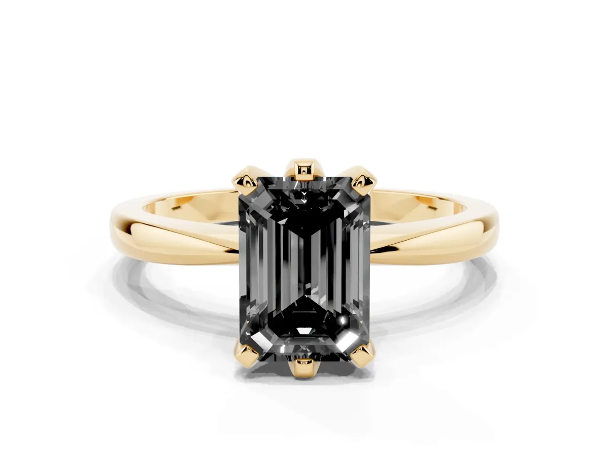 Fancy Black Emerald Cut Solitaire Engagement Ring with Six-Prong Setting and Tapered Band Yellow gold
