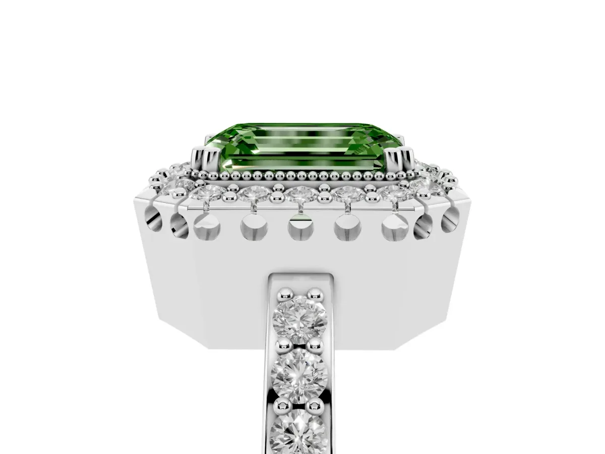 Fancy Green Emerald Cut Diamond Halo Ring with Pavé Band and Prong Setting Silver