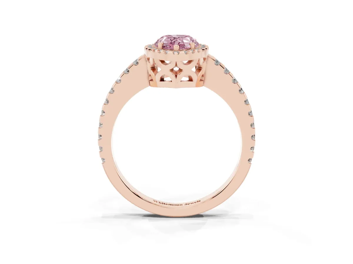 Fancy Pink Pear Cut Diamond Halo Engagement Ring with Pavé Band and Prong Setting Rose gold