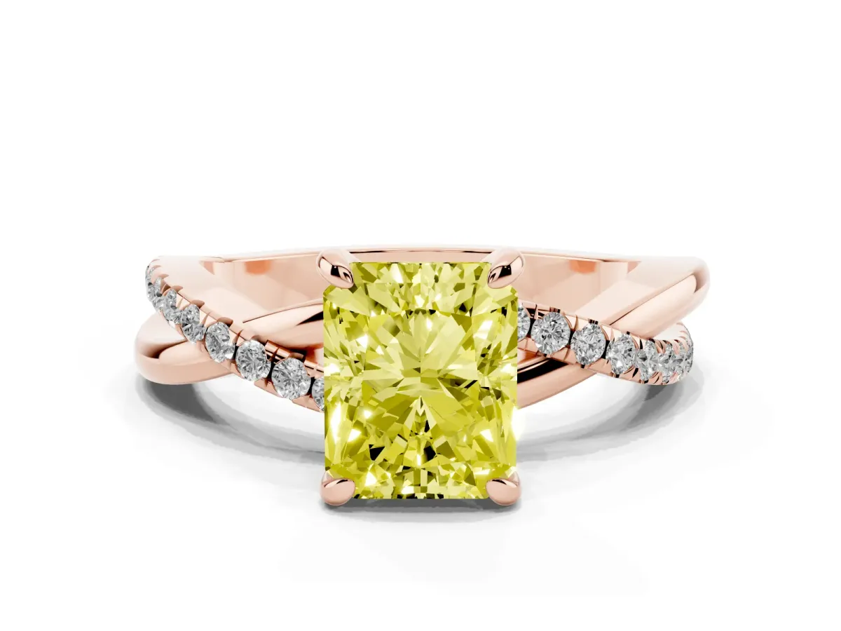 Fancy Yellow Radiant Cut Cut Diamond Twist Band Solitaire with Prong Setting Rose gold