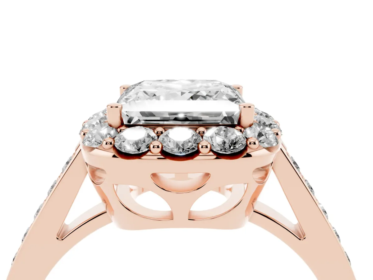 Princess Cut Diamond Floral Halo Ring with Pavé Band and Prong Setting Rose gold