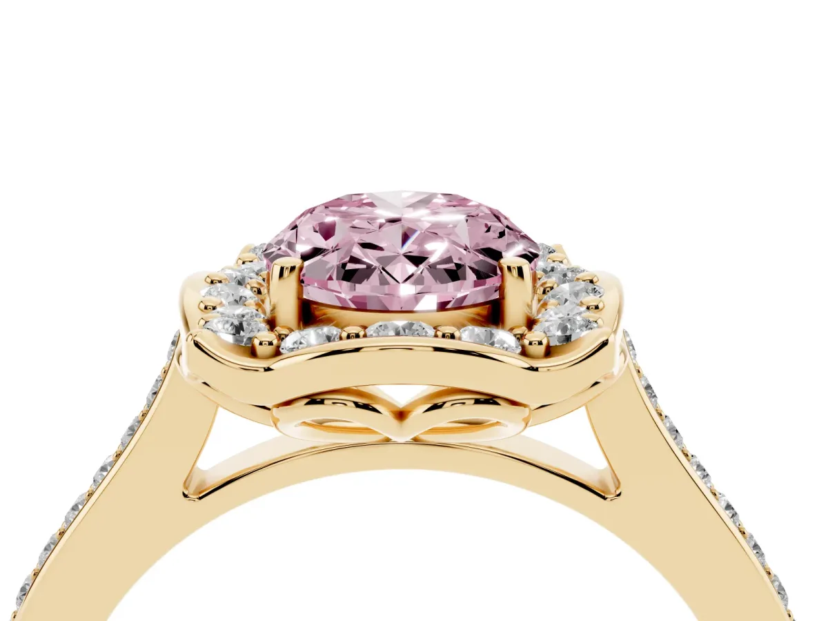 Fancy Pink Oval Cut Halo Round Diamond Pave Band with Four-Prong Setting Yellow gold