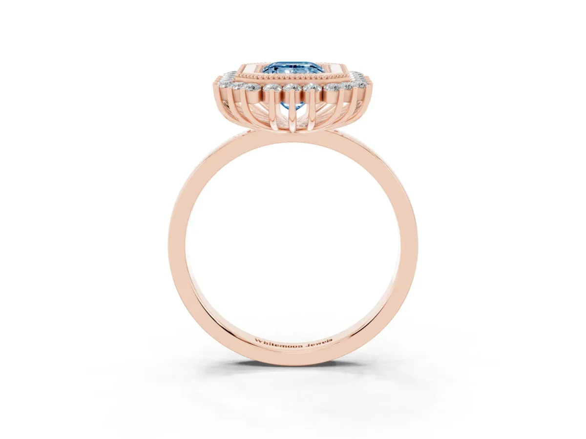 Fancy Blue Emerald Cut Halo Diamond Ring with Milgrain Edge and Round Prong Setting Rose gold