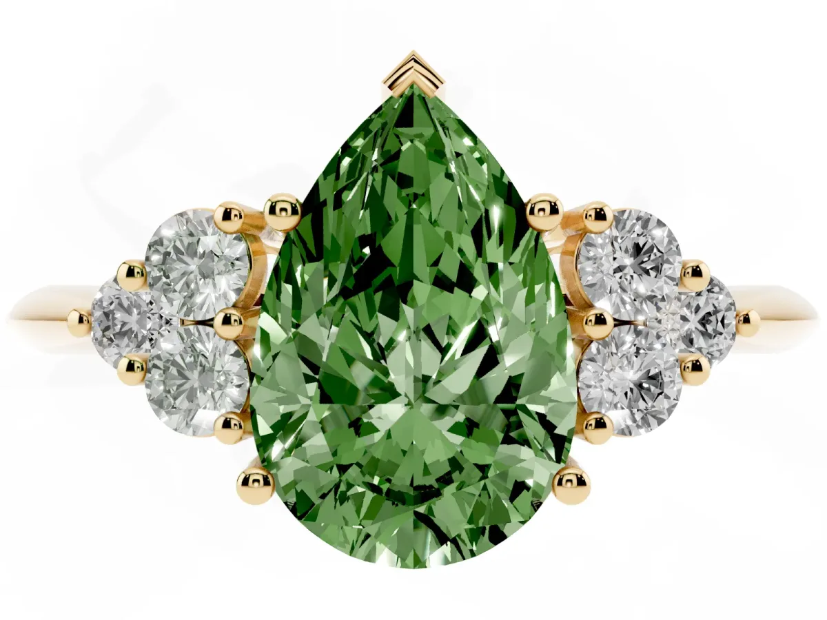 Fancy Green Pear Cut Cut Diamond Cluster Ring with Solitaire Band and Four-Prong Setting Yellow gold