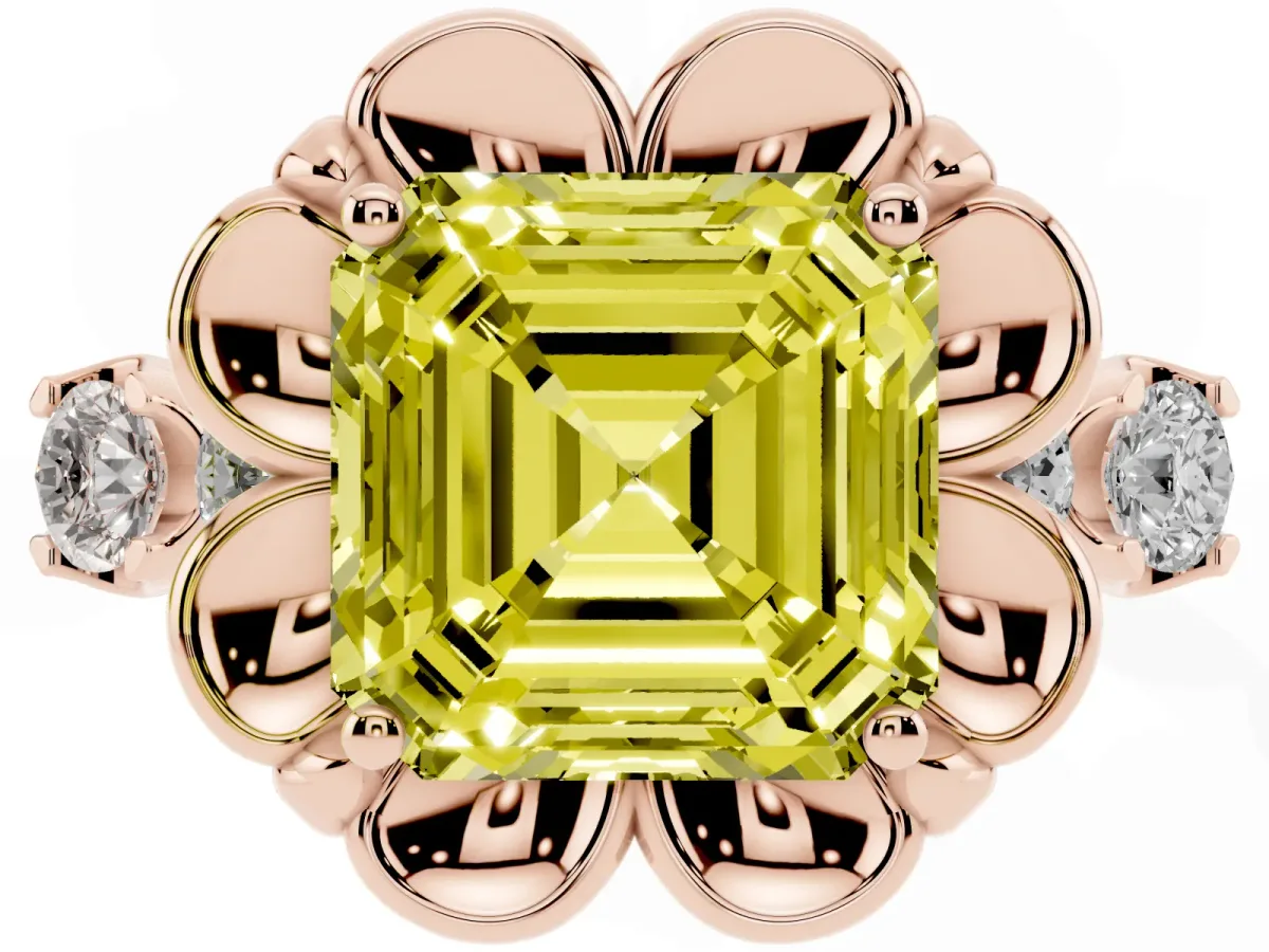 Fancy Yellow Asscher Cut Cut Diamond Floral Halo Engagement Ring with Shared Prong Setting Rose gold