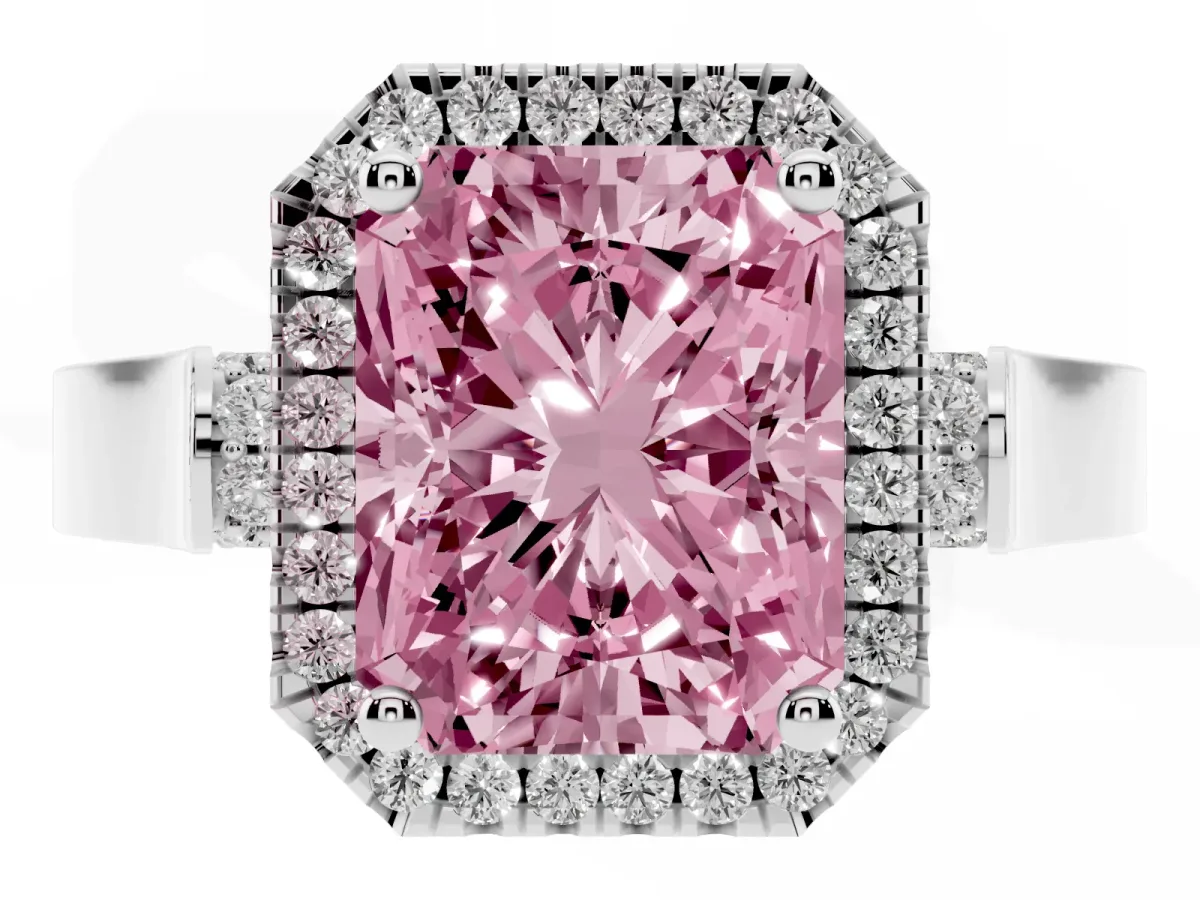 Fancy Pink Radiant Cut Halo Round Diamond Twist Band with Four-Prong Setting White gold