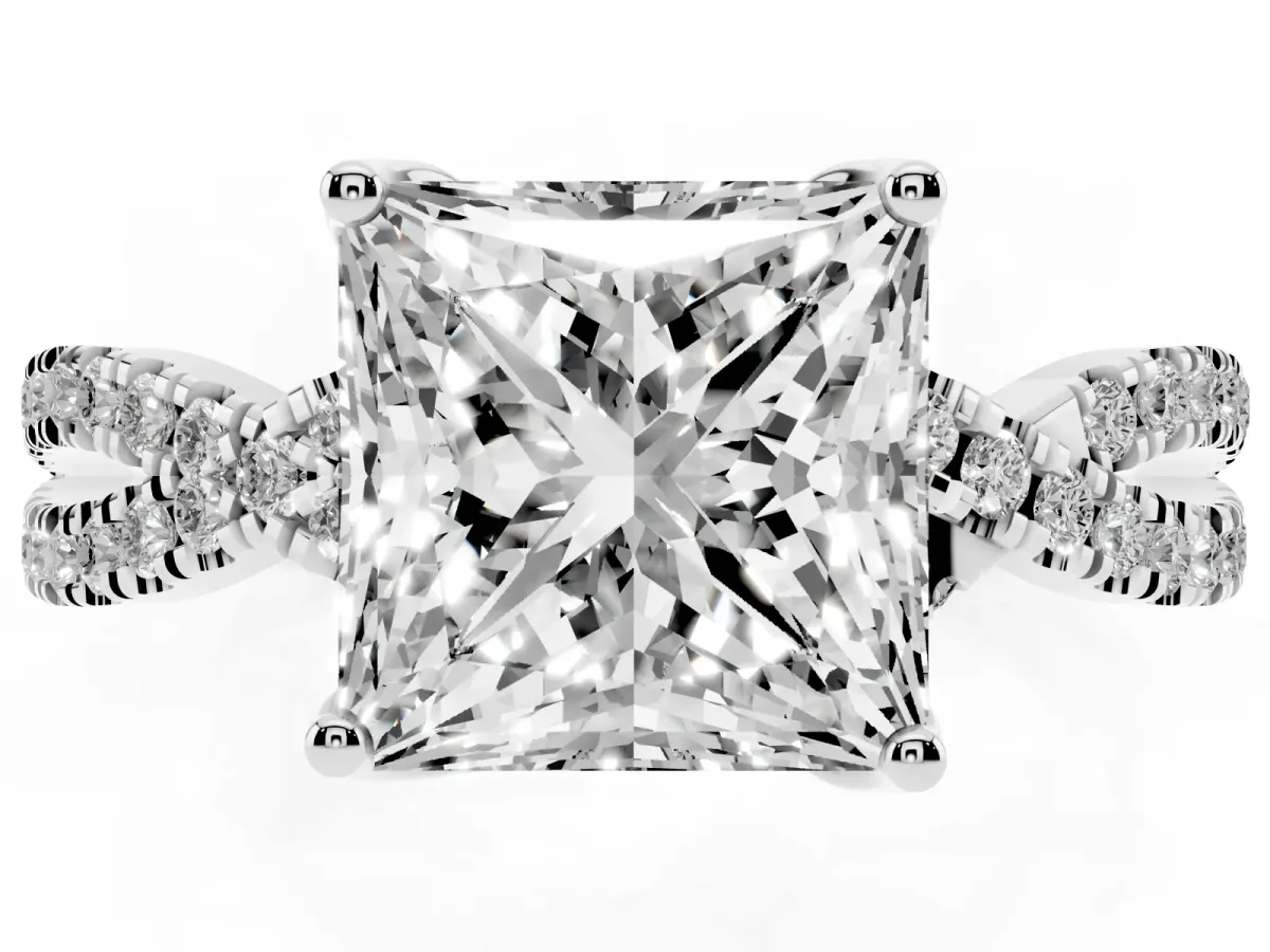 Princess Cut Solitaire Twist Pave Diamond Engagement Ring with Prong Setting Silver