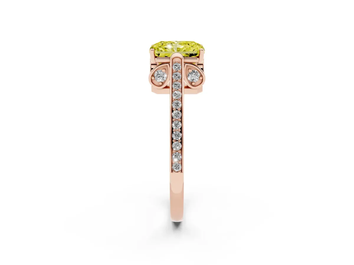 Fancy Yellow Radiant Cut Cut Cathedral Pave Diamond Engagement Ring with Six-Prong Setting Rose gold