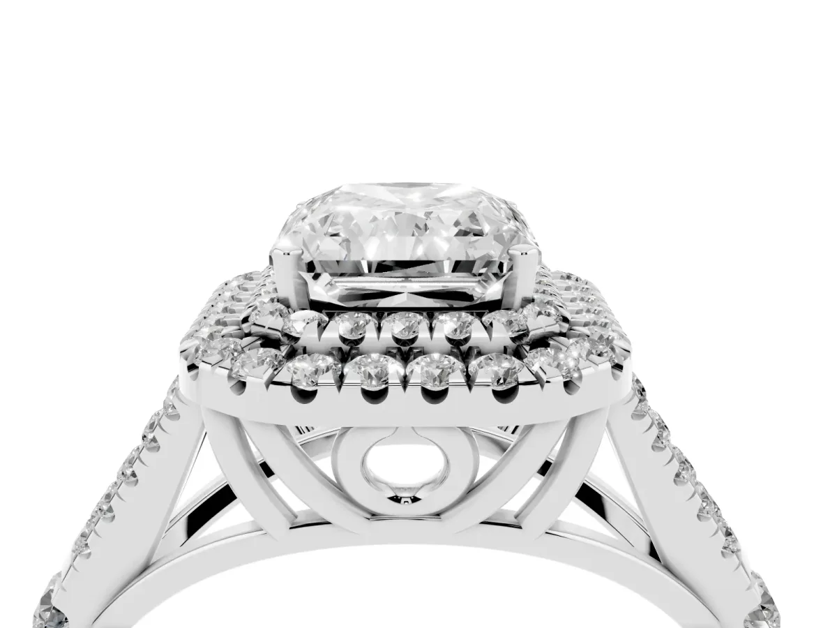 Radiant Cut Cut Double Halo Split Shank Diamond Ring with Prong Setting Silver