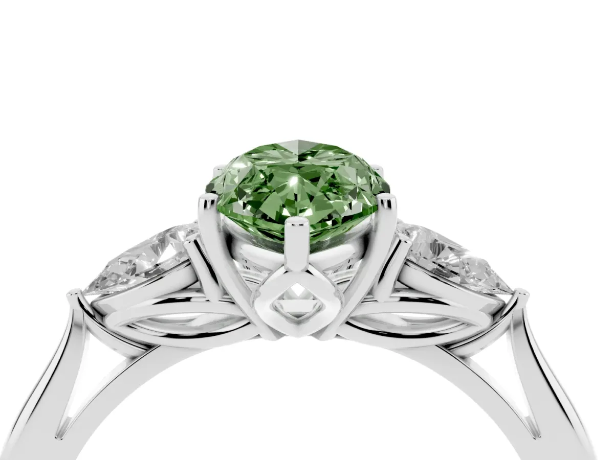 Fancy Green Three-Stone Marquise Cut Brilliant Diamond Solitaire Ring with Tapered Band and Four-Prong Setting Silver
