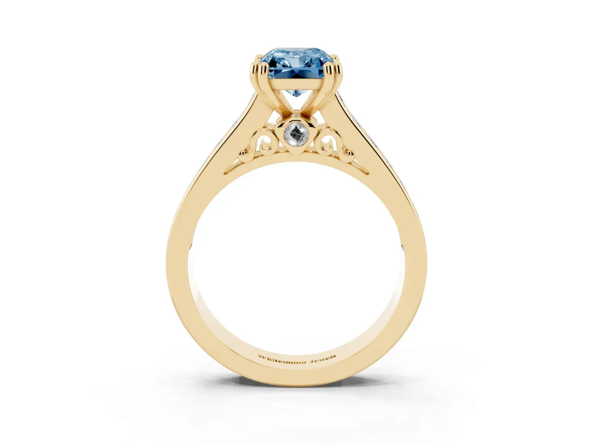 Fancy Blue Radiant Cut Cut Channel Set Solitaire Engagement Ring with Prong Setting Yellow gold
