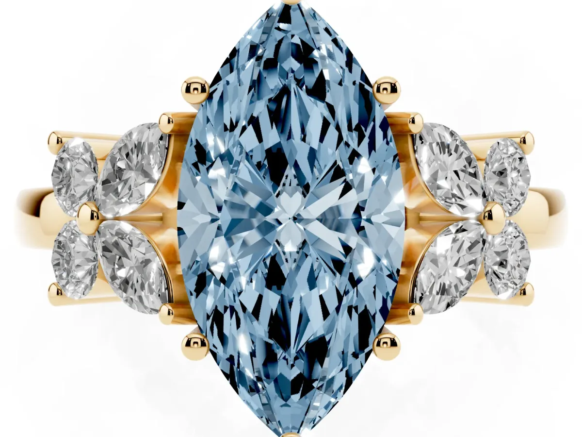 Fancy Blue Marquise Cut Diamond Floral Cluster Ring with Solitaire Band and Prong Setting Yellow gold