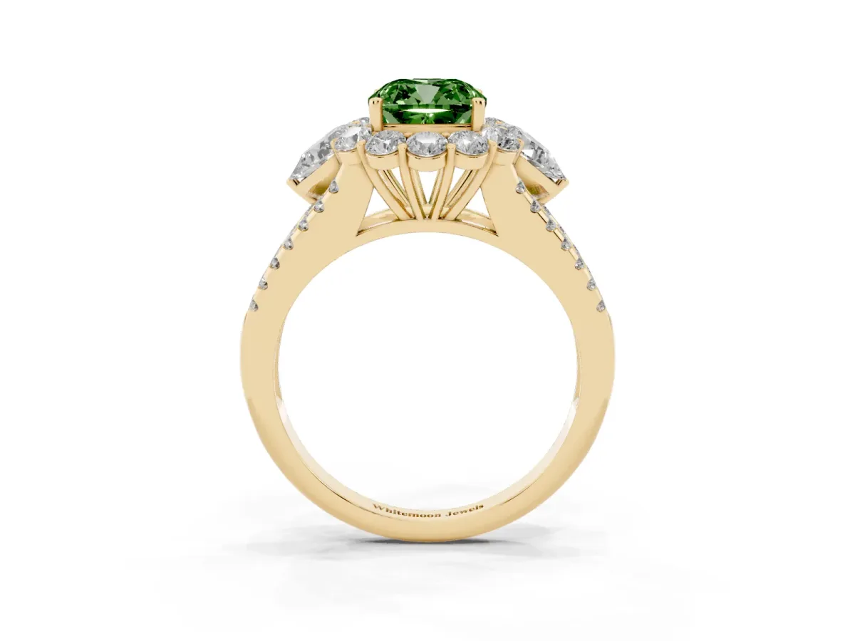 Fancy Green Cushion Cut Halo Split Shank Diamond Engagement Ring with Prong Setting Yellow gold