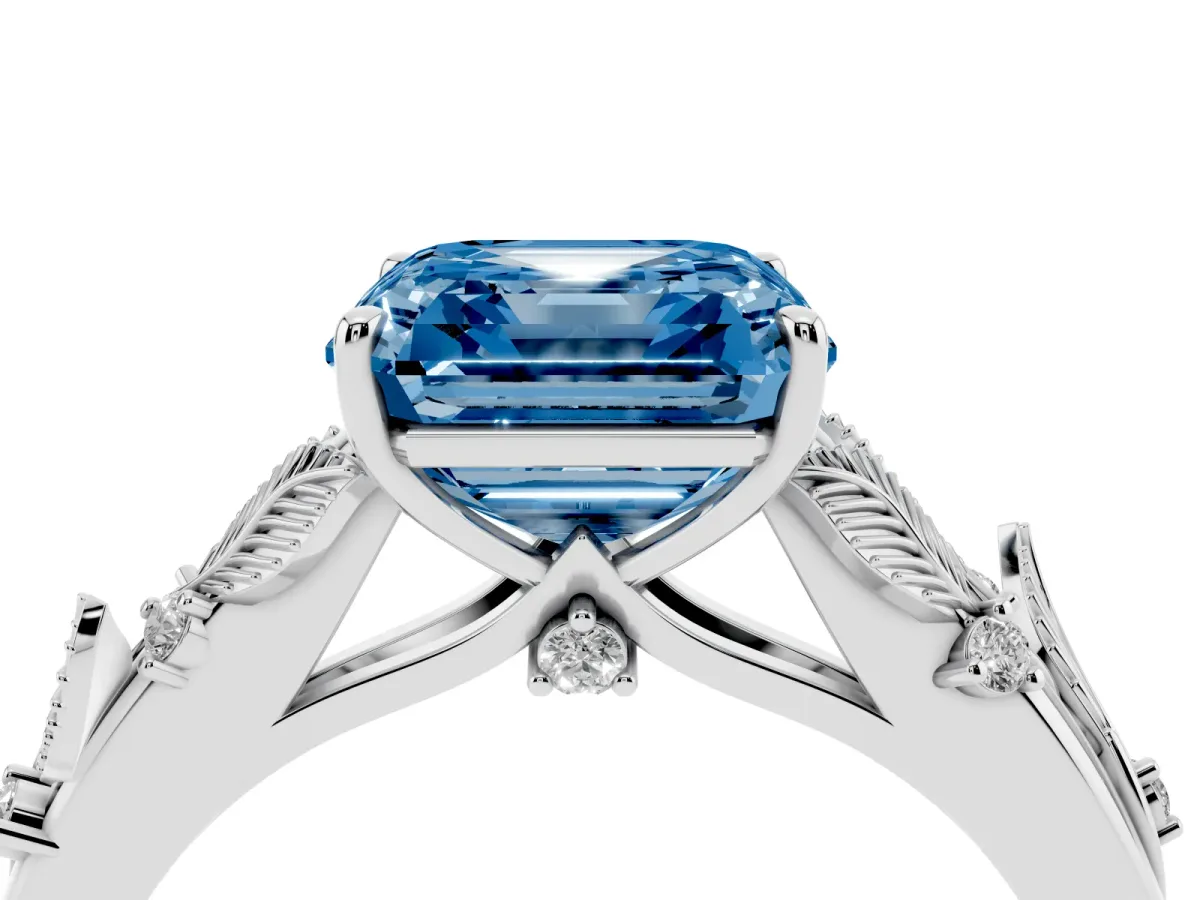Fancy Blue Asscher Cut Diamond Solitaire Ring with Leaf Motif Band and Four-Prong Setting Silver