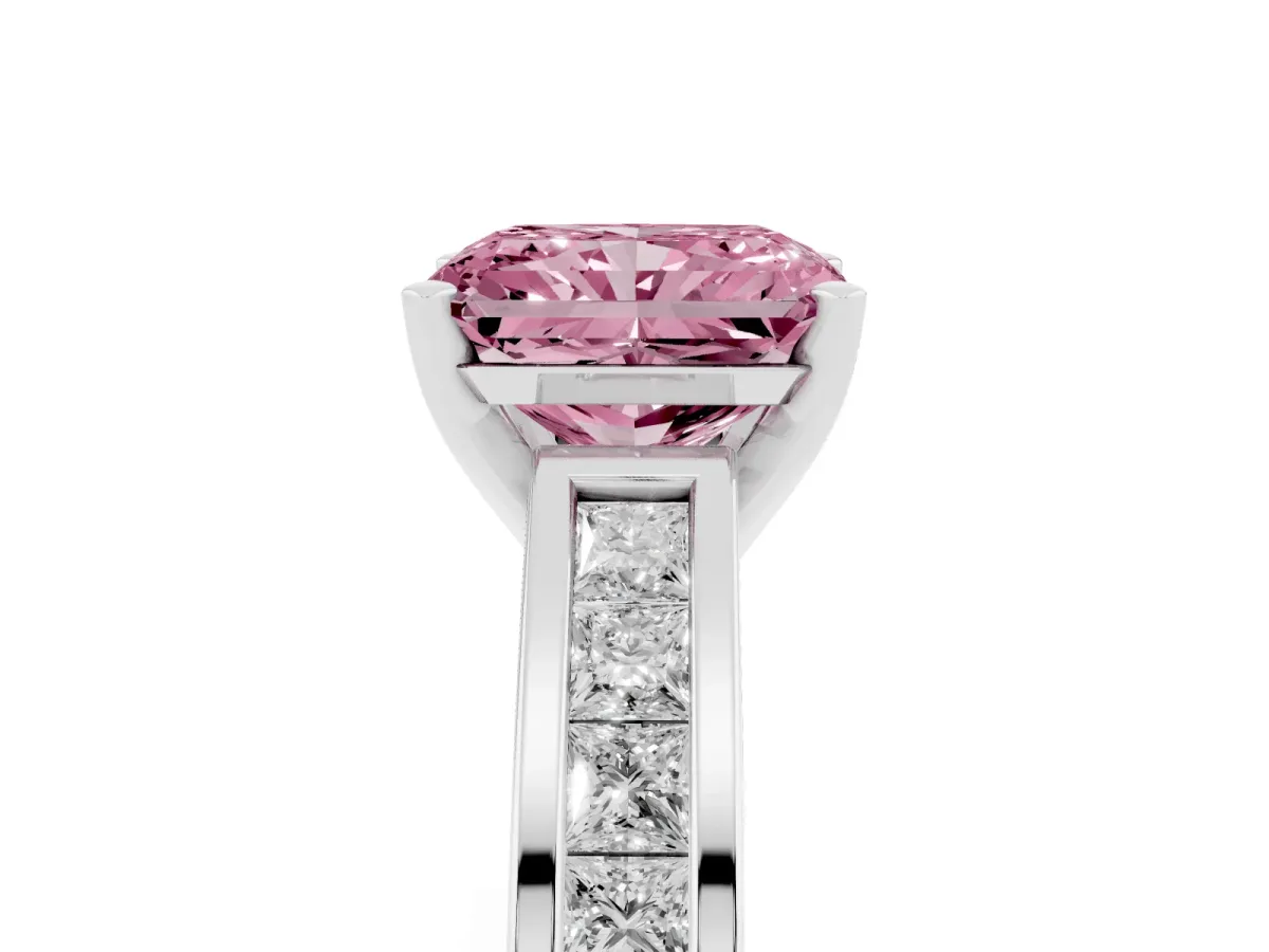 Fancy Pink Radiant Cut Solitaire Diamond Ring with Channel-Set Band and Four-Prong Setting Silver