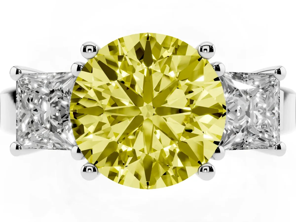 Fancy Yellow Three-Stone Round Cut Cut Solitaire Ring with Prong Setting Platinum