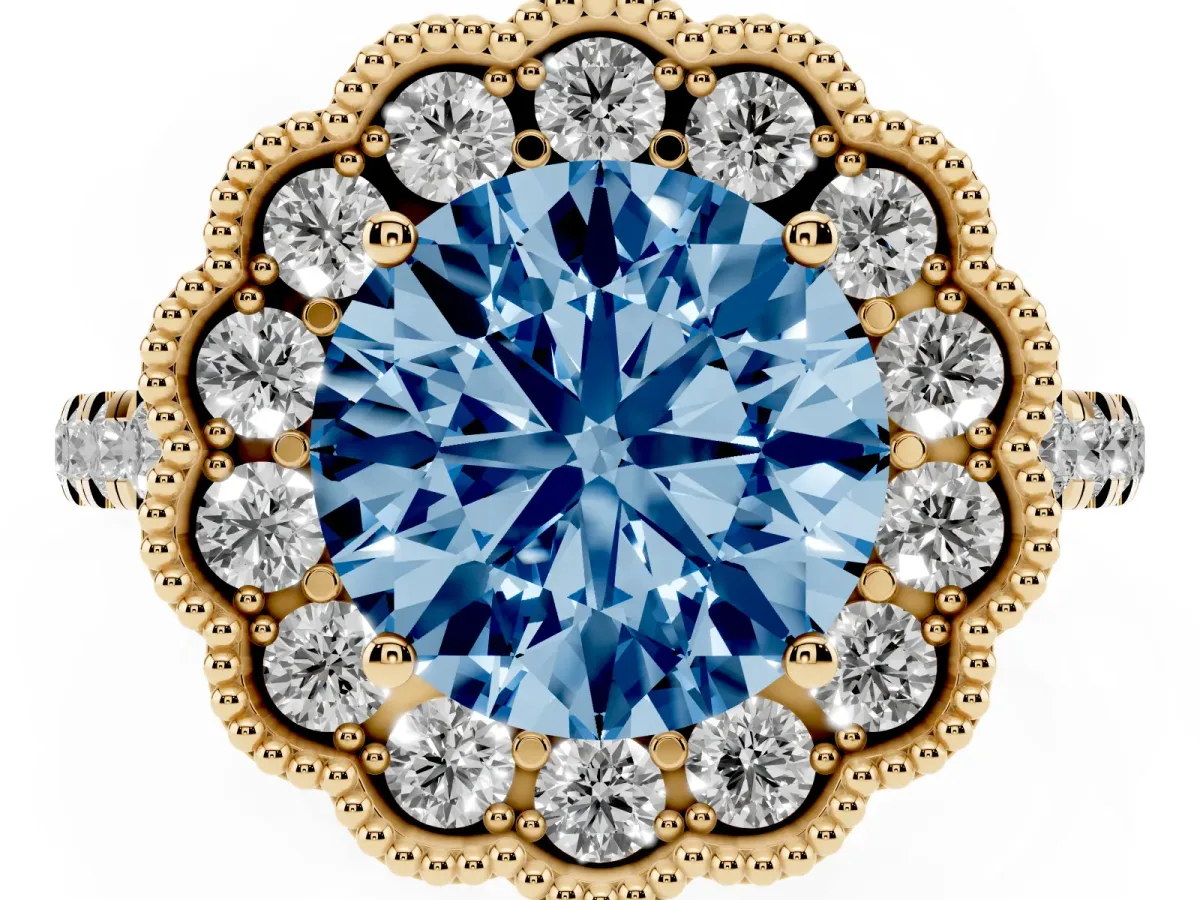 Fancy Blue Round Cut Cut Diamond Milgrain Floral Halo Engagement Ring with Pavé Band Yellow gold