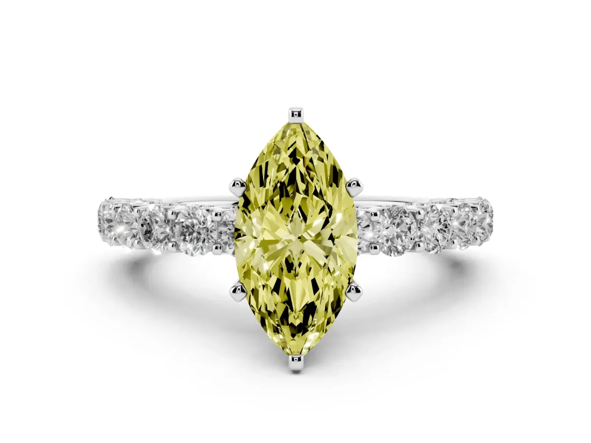 Fancy Yellow Marquise Cut Diamond Solitaire Ring with Shared Prong Pavé Band and Four-Prong Setting Silver